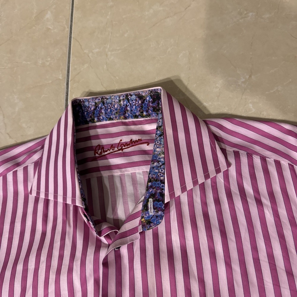 Robert Graham Mens Purple Print Striped Button Down Shirt L Flip Contrast Cuff